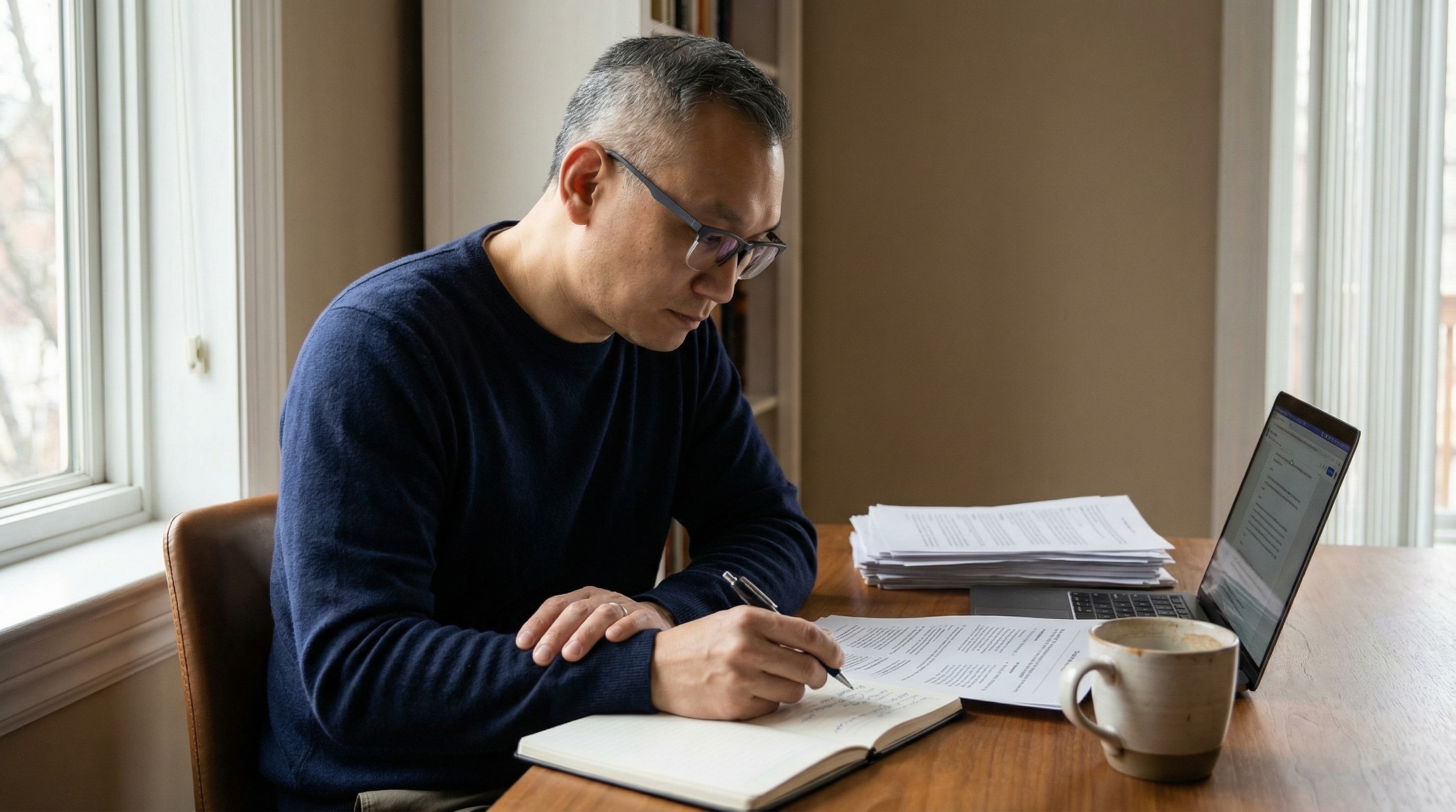 Erwin Choo reviewing operating documents at a desk